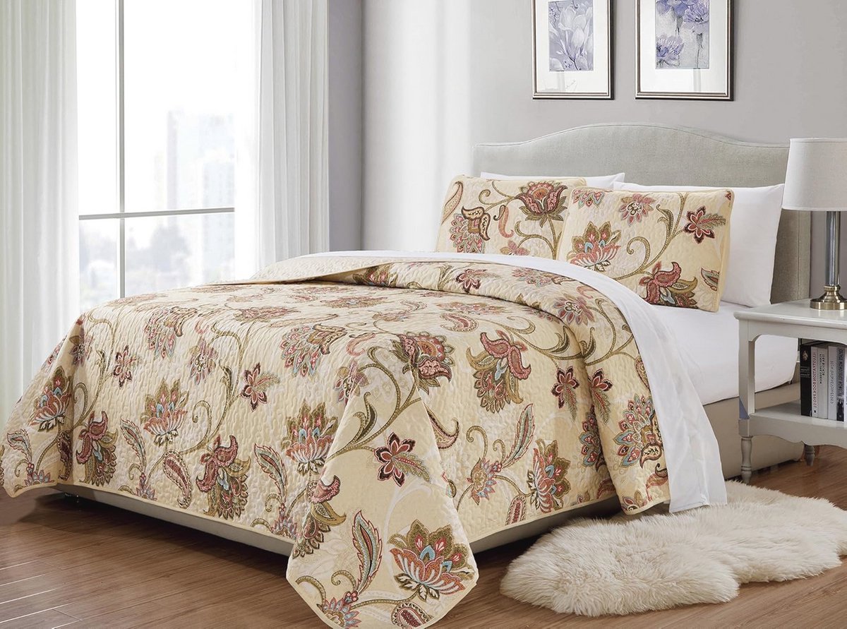 Gewatteerde Sprei - Bedsprei Dekbed - Slaapkamer Decoratie - Bloemenprint Ontwerp - Full/Queen Maat - Beige