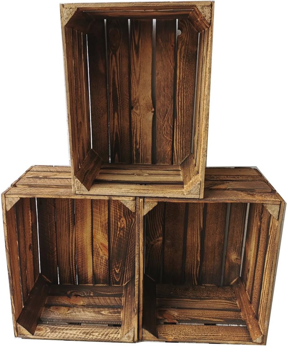 Set van 3 Gevlamde Houten Kisten voor Decoratie en Opberging - 50 x 40 x 30 cm
