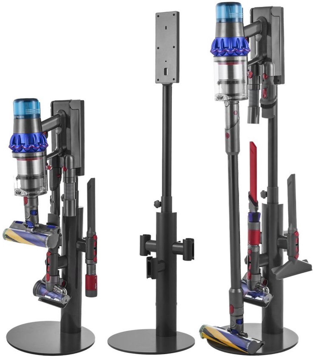 Stofzuigerstandaard - Staande Opberghouder - Hoogte 130 cm - In Hoogte Verstelbaar - Met 3 Clips - Voor Steelstofzuigers en Accessoires