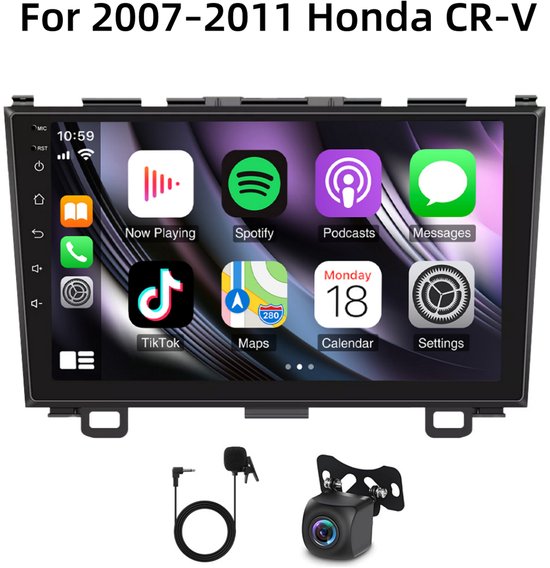 9 Inch Android 14 Autoradio 4+64G voor Honda CR-V (2007-2011) - Compatibel met Apple CarPlay & Android Auto + GPS Navigatie, AHD Omkeercamera, FM/RDS, SWC & Split Screen