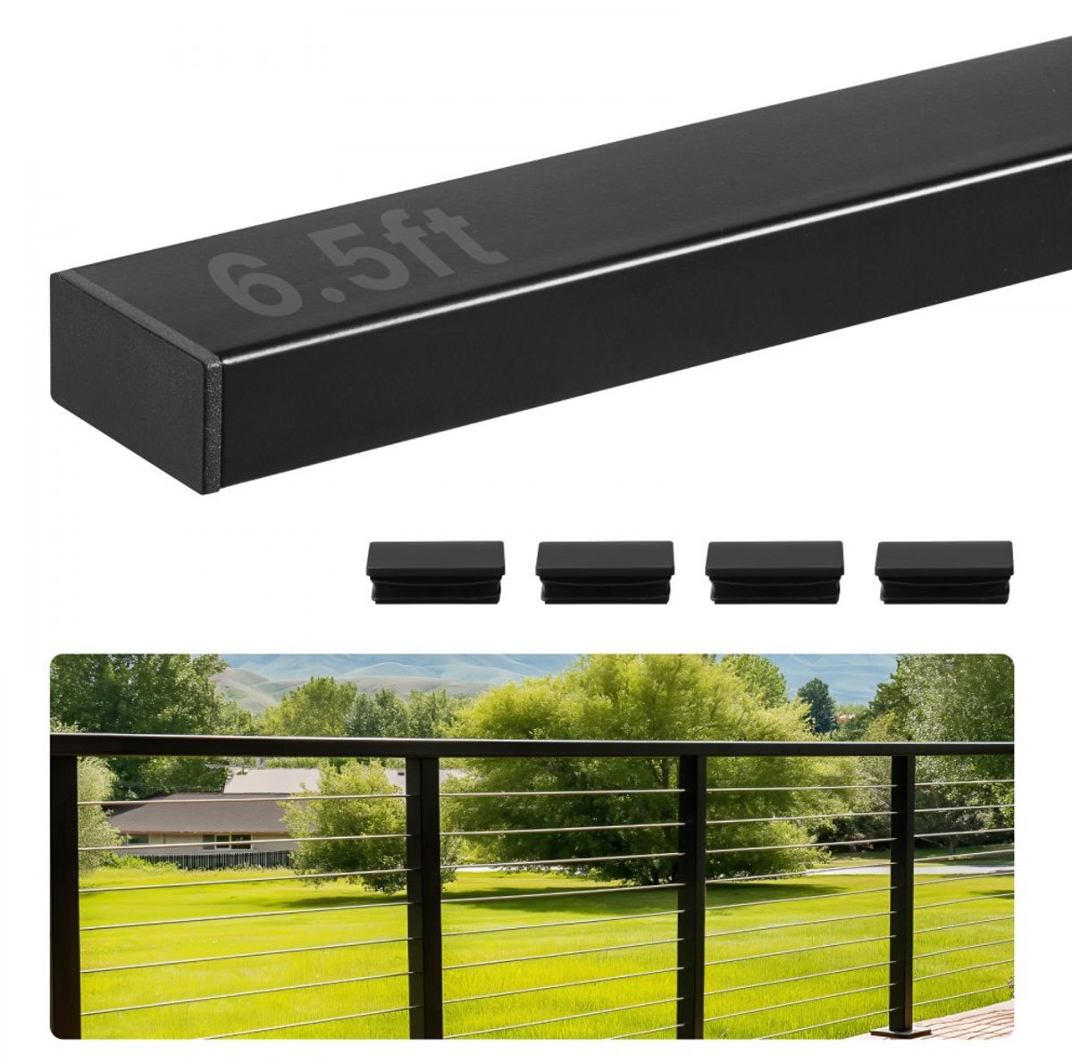 RVS Trap- en Balkonleuning - Rechthoekig Profiel - Voor Binnen en Buiten - Met Eindkap - Kabelbalustrade Set - Afmeting 5 x 2,5 cm, 198 cm - Matzwart