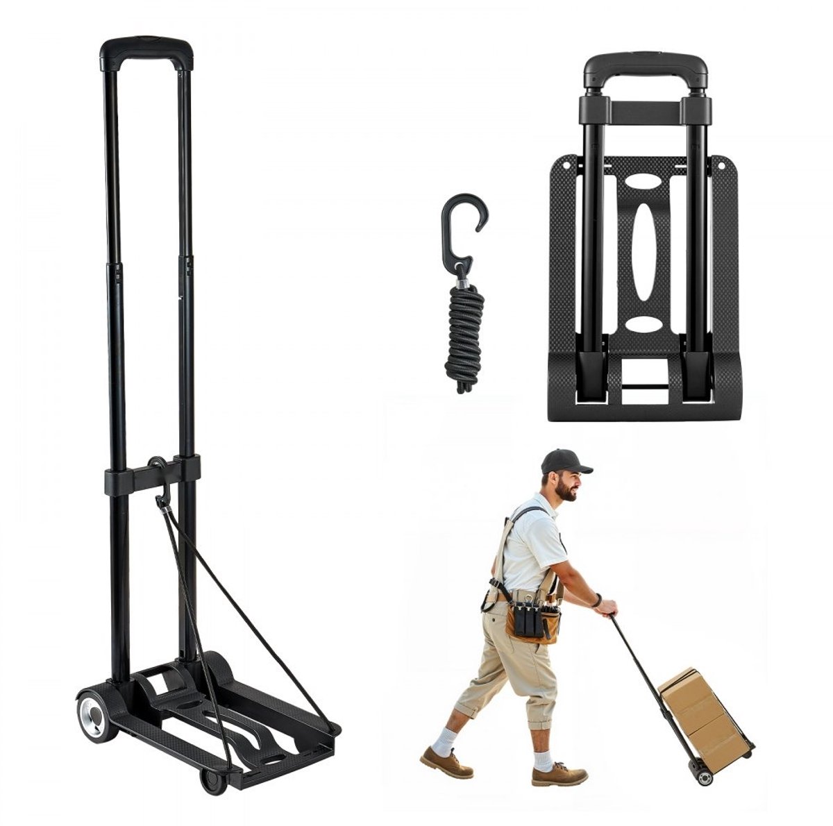Opvouwbare steekwagen - Handtruck met platform - Laadvermogen 50 kg - Met elastisch koord - 2 Wielen - Afmeting 32 x 23,5 x 96,5 cm - Zwart