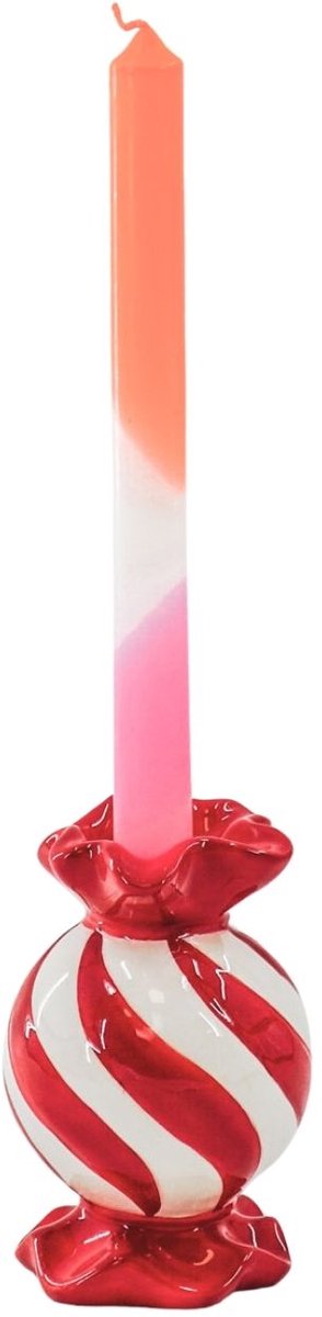Housevitamin Kandelaar- Rond Toffee Snoepje Kaarshouder- Keramiek- Rood/ Wit- 8,5x8,5x13 cm Rood/Wit