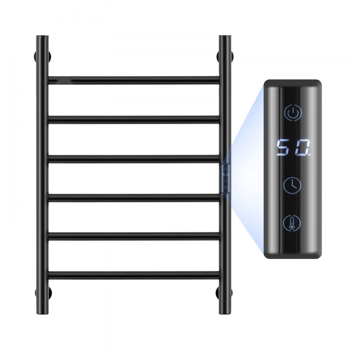 Handdoekradiator - Elektrische handdoekverwarmer - 6 Stangen - Timer met LED-display - 5 Temperatuurstanden - Waterdicht - Wandmontage - Zwart