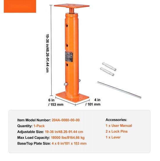 Oranje steunpilaar, hoogte 19-36 inch. Naast een hendel, 2 pinnen en afmetingen. Met tekst "Max Load Capacity 18000 lbs".