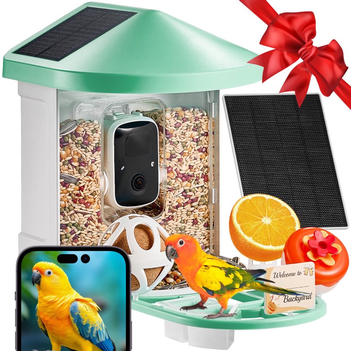 Slimme Vogelvoeder met Camera - 2K HD AI Vogelherkenning - Herkent 10.000+ Soorten - Zonne-energie (3 Zonnepanelen) - Automatische Opname - Directe Meldingen - Draadloos