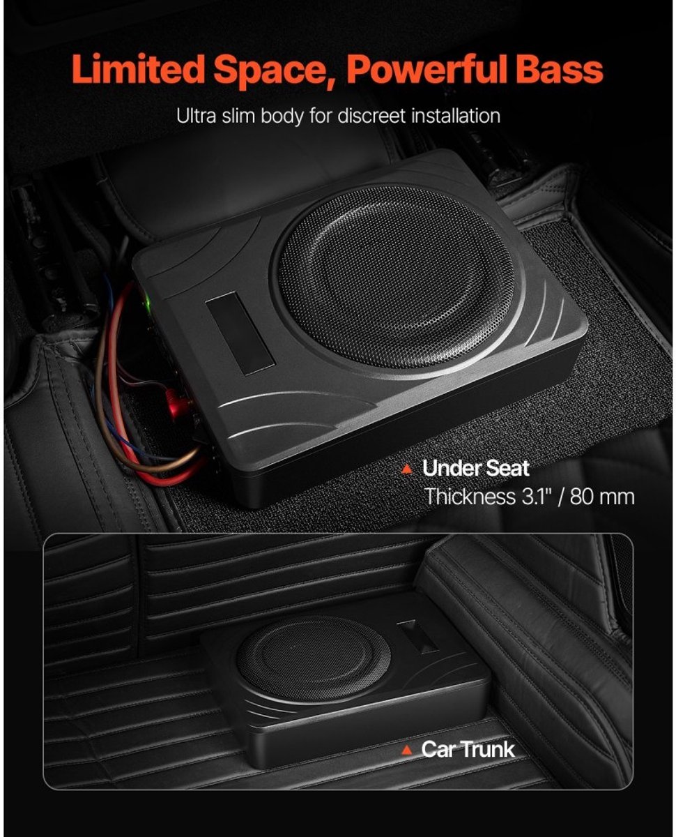 Subwoofer voor in de auto - Onderstoel actieve 300W - Ingebouwde versterker - Platte compacte behuizing - Hoge/lage ingang - Volumeregeling - Voor SUV, vrachtwagen en camper – foto 8
