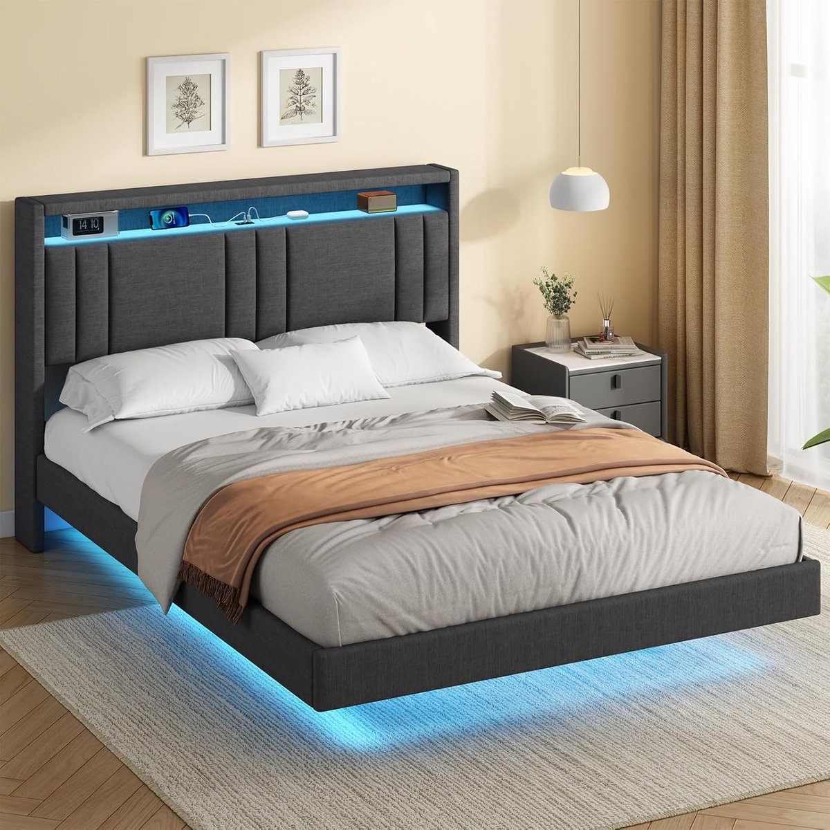 Gestoffeerd Tweepersoonsbed 140x200 cm met Zwevend Effect, LED-verlichting, USB- en Type-C Laadstation, Hoofdeinde met Opbergruimte, Modern Linnen Stof Bedframe voor Slaapkamer