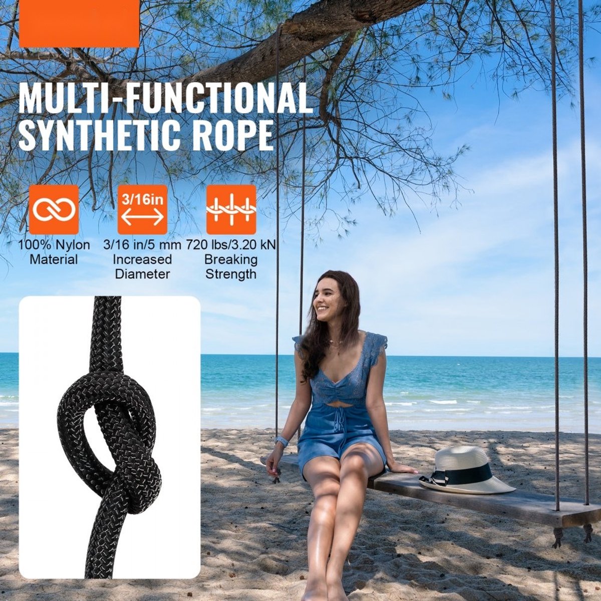 Gevlochten nylontouw - Klimtouw - Diameter 0,48 cm - Lengte 76,2 m - 32-strengs - Breeksterkte 326 kg - Voor rotsklimmen, abseilen, boomverzorging en redding
