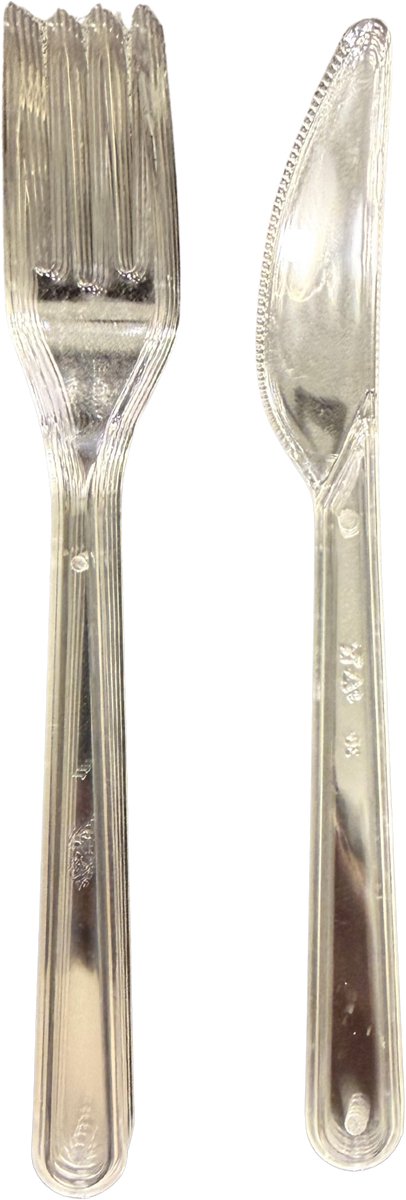 Herbruikbare Bestekset – Vork + Mes – Transparant – 18 cm – 100 Sets – Stevig PS