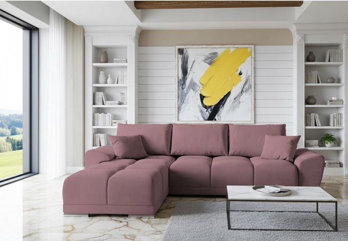 Hoekbank met Slaapfunctie en Opbergruimte – Luxe Fluwelen L-vormige Slaapbank 289x189 cm – Comfortabele Uittrekbare Bank met Bedfunctie, CollFeel Schuim & Kussens – Kleur: Pruim – Ganeey