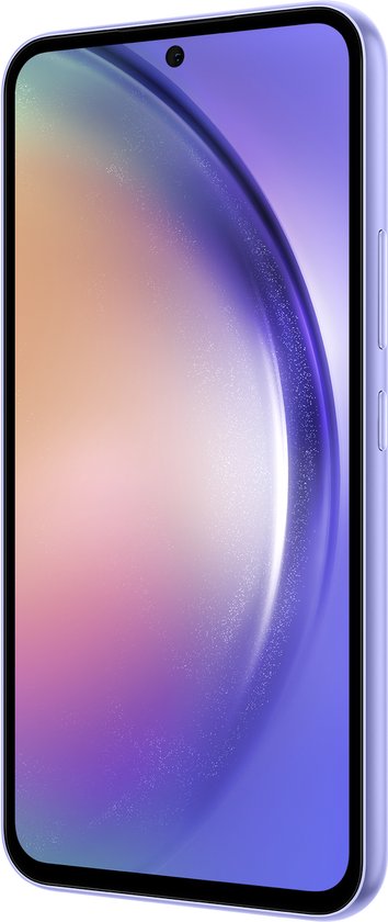 Paarse Samsung Galaxy A54 5G smartphone, zijaanzicht met scherm.