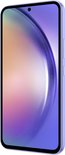 Paarse Samsung Galaxy A54 5G smartphone, zijaanzicht met scherm.