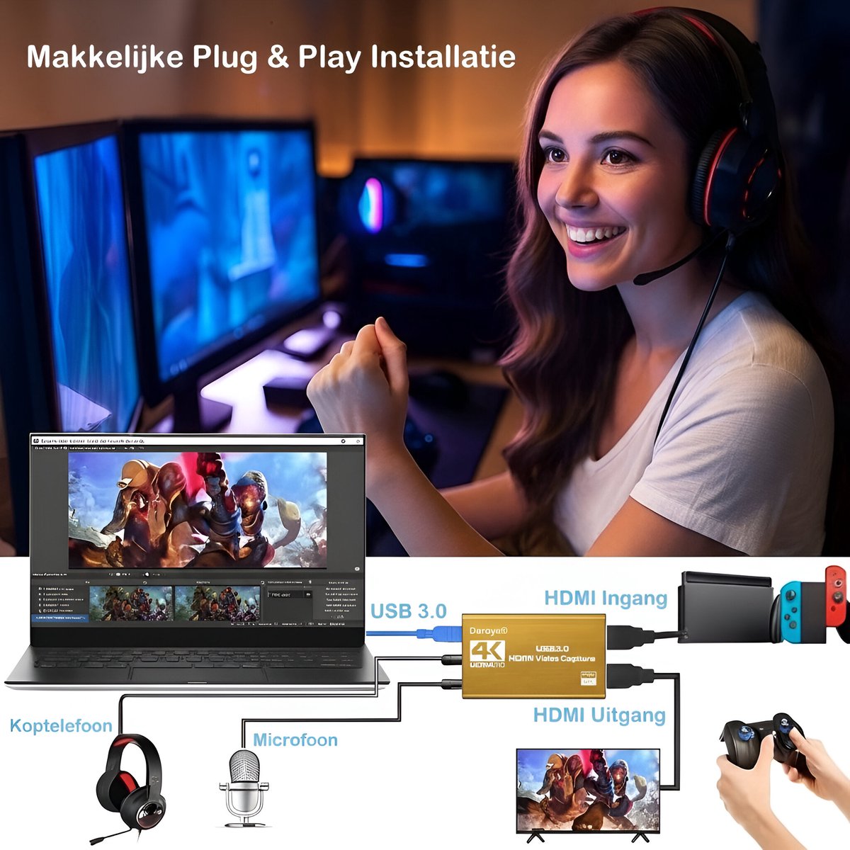Daroyx® VCC4K Pro Video Capture Card - USB-A 3.0 - HDMI 4K@60Hz - Geschikt als Game Capture - Goudkleurig thumbnail 3