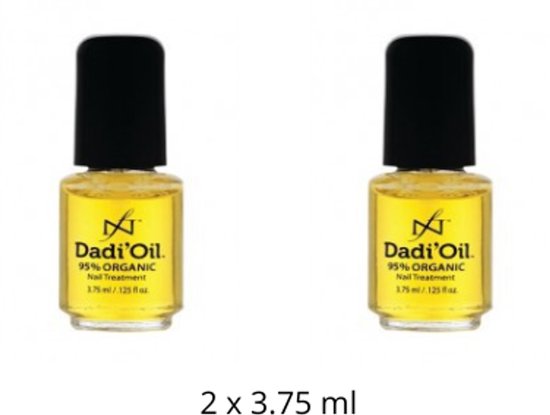 Twee flesjes Dadi'Oil met gele olie en zwarte dop, elk 3.75 ml.