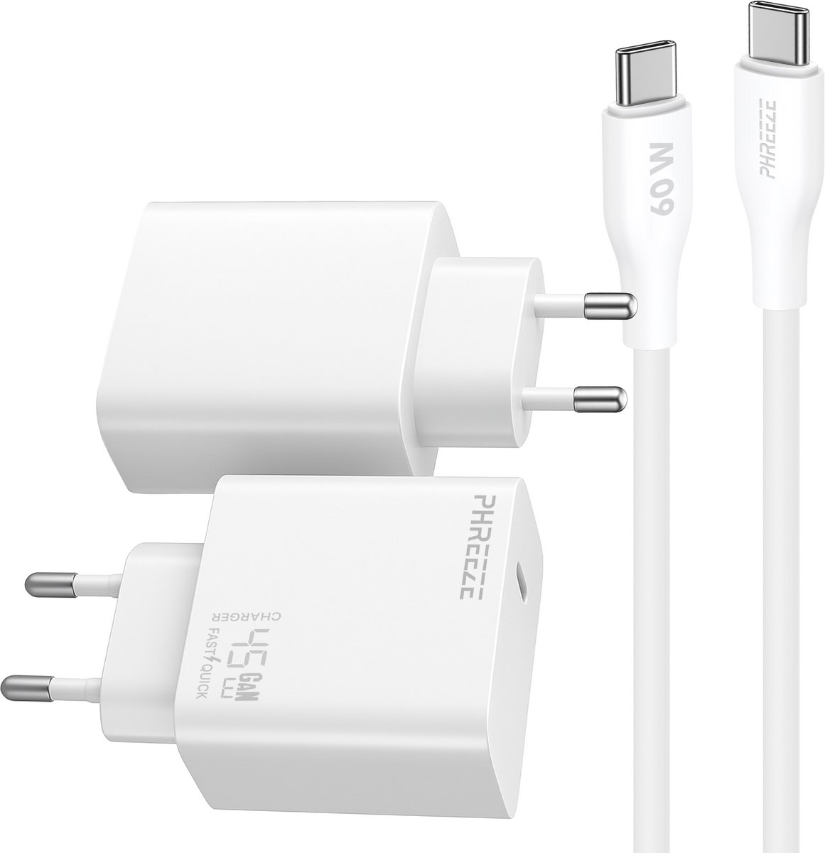 Phreeze usb C oplader 45w pps fast charger met usb C naar usb C kabel 1 meter - S25 S24 A56 en Laptop