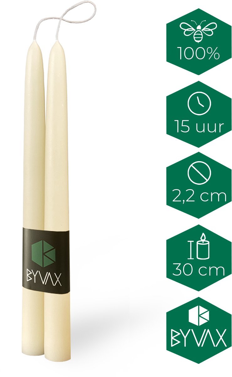 8 Bijenwas Dompelkaarsen | WIT | 30cm Hoog | 100% Zuivere bijenwas | Dinerkaarsen