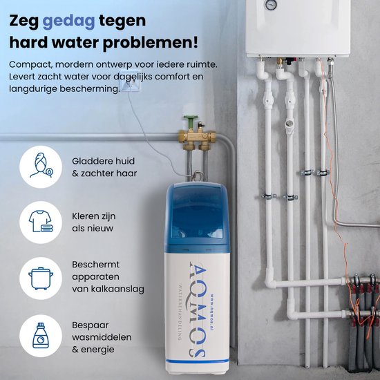 Aqmos waterontharder naast een cv-ketel, met tekst over voordelen zoals zachter haar.