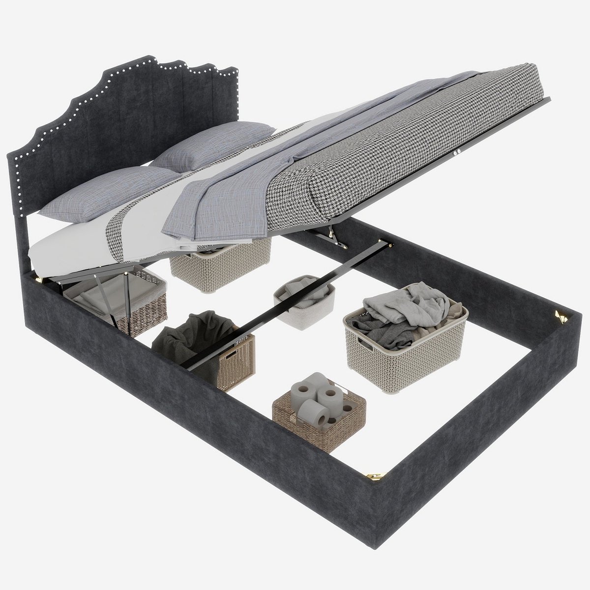 Merax Gestoffeerd Bed 160x200 - Fluwelen Stof Grijs - Bed met Opbergruimte - Metalen Frame - Houten Lattenbodem - Zonder Matras