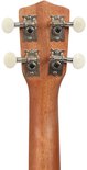 Hoofd van een bruine ukelele met vier witte stemknoppen.