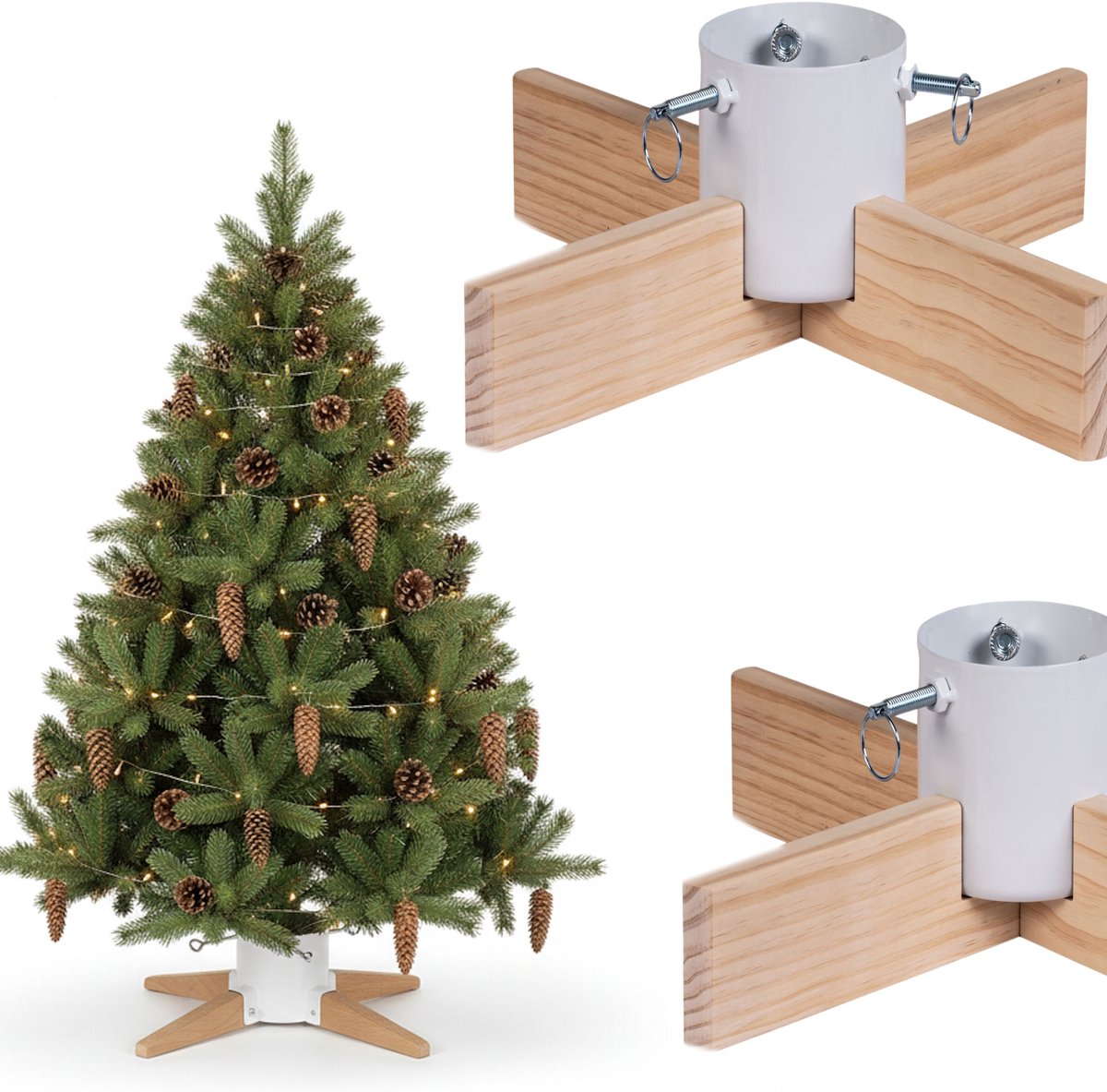 COIL Kerstboomstandaard, Kerstboom basis, Rustiek onderstel, waterniveau-indicator, Met waterreservoir van 1L, diameter tussen 3,5 en 9 cm, geschikt voor kerstbomen tot 230 cm hoog, Metaal/Grenenhout, Breedte: 50 cm, Wit