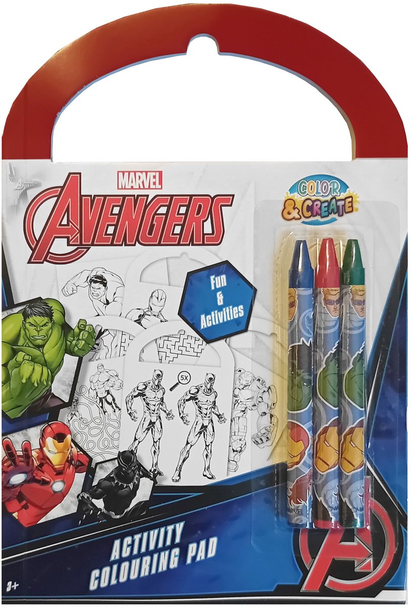 Marvel Avengers - Mini activiteiten boek - 5 kleurplaten - 5 puzzels - 10 blanco pagina's - 3 waskrijtjes in rood, groen en blauw - 3+ - knutselen - superheld