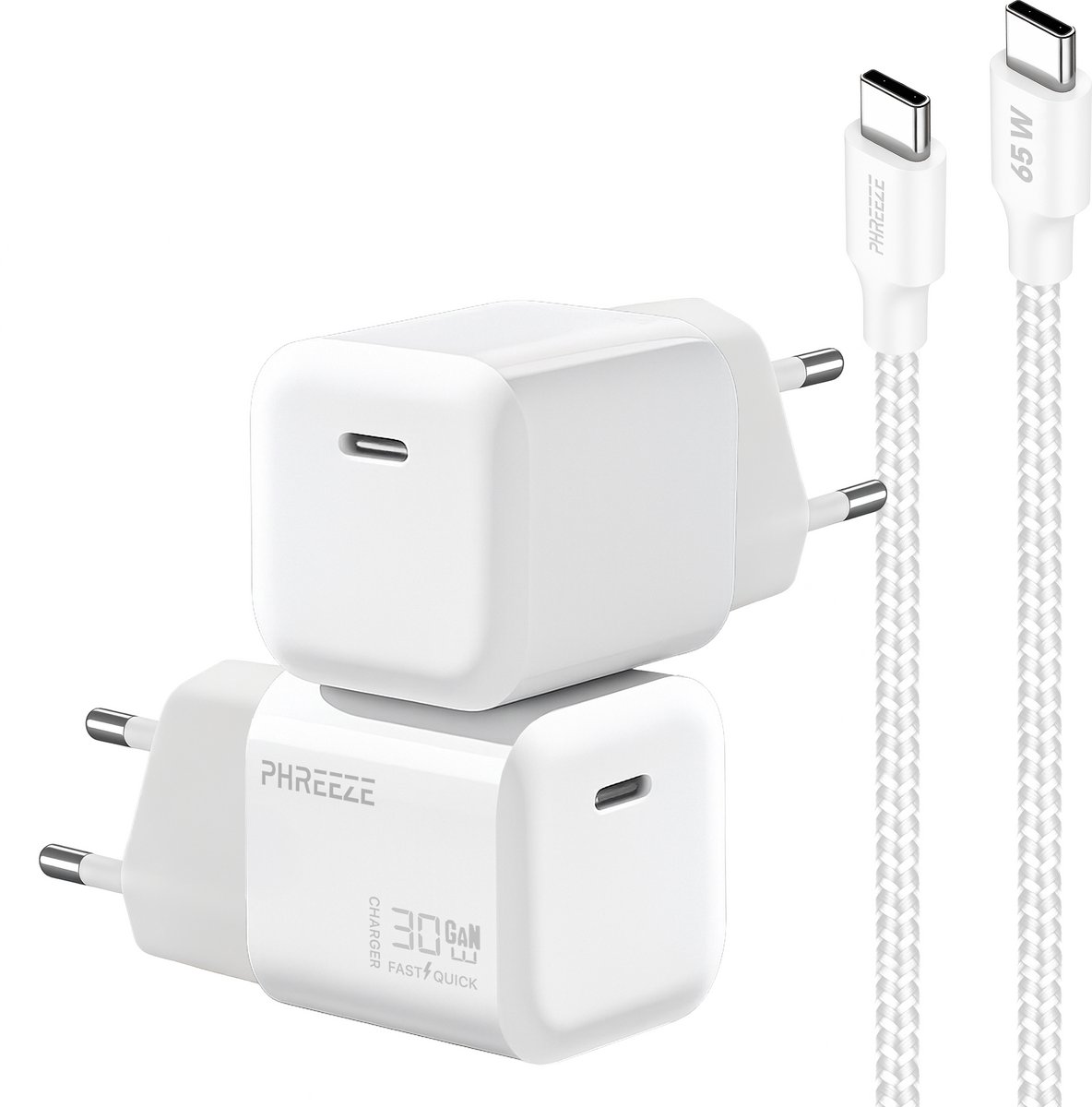 30w usb C GaN lader met usb C kabel 1 meter gevlochten wit
