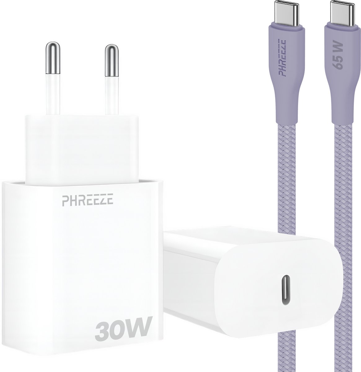 Power Delivery oplader met 30w usb C poort met usb C kabel 1m paars