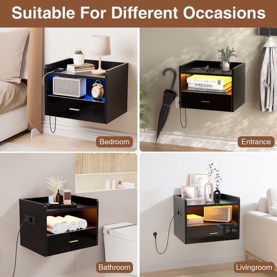 Table de chevet murale noire 2 pièces - Tiroir à 1 compartiment et station de recharge | 1 Outlet + 2USB ports USB ( Power européenne) | Table de chevet en Wood avec bande lumineuse LED | Solution de rangement mural pour chambre à coucher