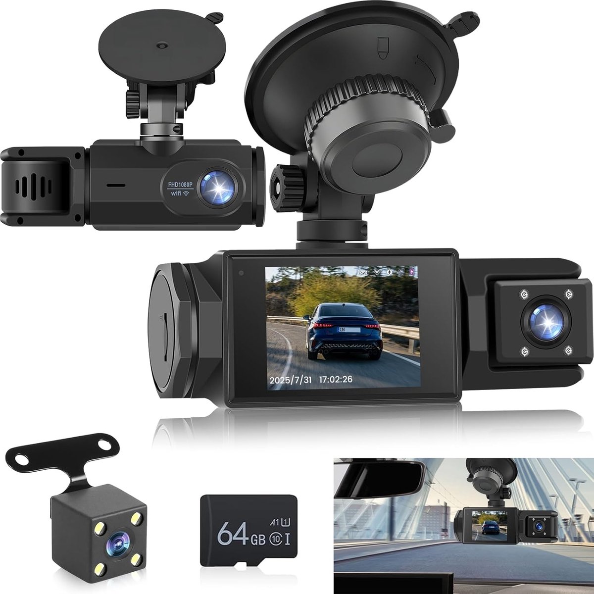 WiFi Dashcam voor Auto – 3-kanaals Draadloze Dashcam met App, Voor Binnenin Achter Camera, Full HD 1080P, 2” IPS-scherm, Nachtzicht, Bewegingsdetectie, Loopopname, 64GB-kaart Inbegrepen