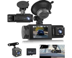 WiFi Dashcam voor Auto – 3-kanaals Draadloze Dashcam met App, Voor Binnenin Achter Camera, Full HD 1080P, 2” IPS-scherm, Nachtzicht, Bewegingsdetectie, Loopopname, 64GB-kaart Inbegrepen