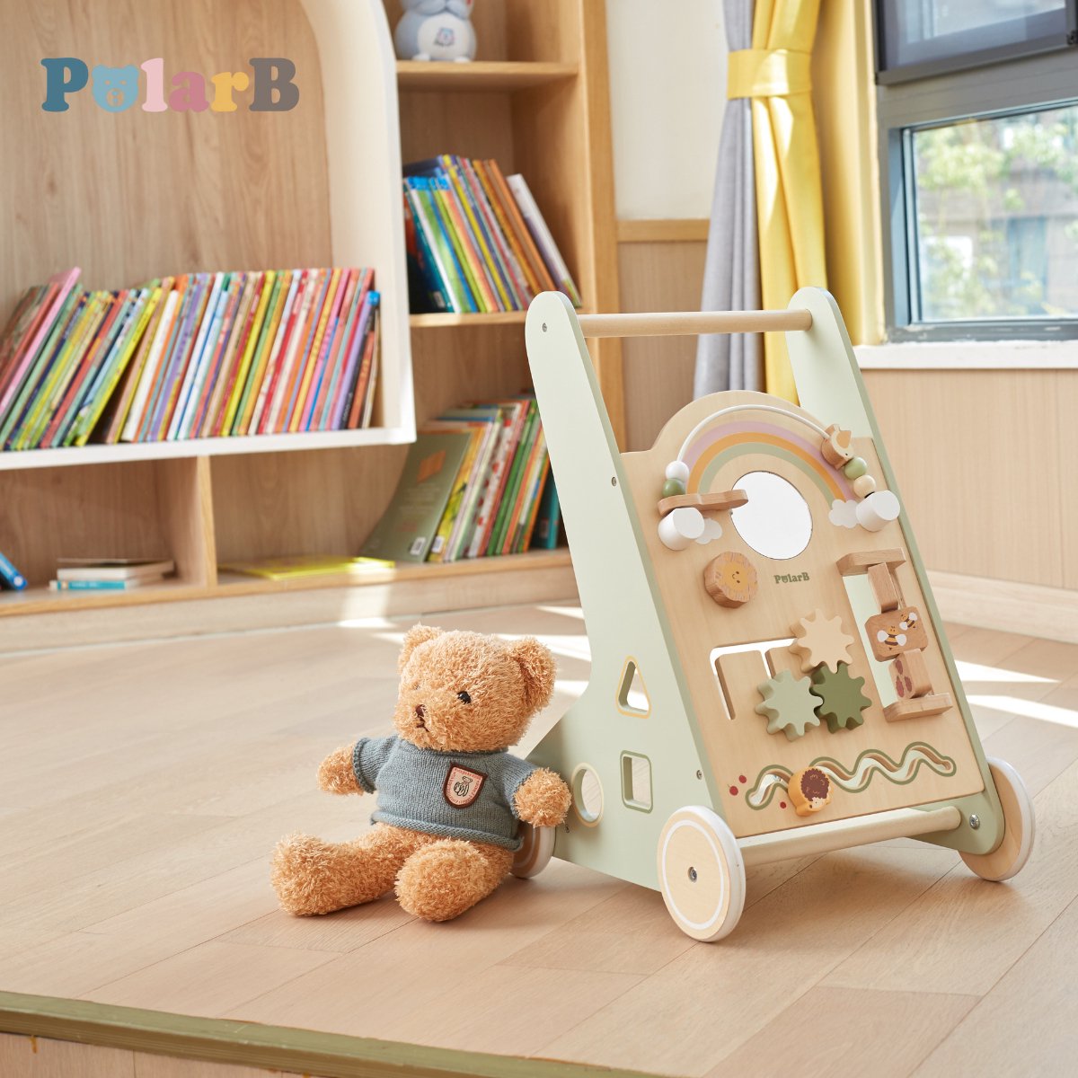 PolarB Houten Loopwagen Groen – Baby Walker met speelfunctie (12+ mnd) – Looptrainer met Opbergruimte - Snel leren lopen - Anti slipbanden – foto 2