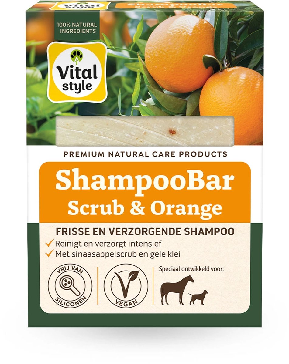 VITALstyle Shampoobar - Scrub & Orange - Hondenshampoo - Paardenshampoo - Voor Een Intensieve Reiniging - Met Sinaasappelscrub & Gele Klei - 180 g