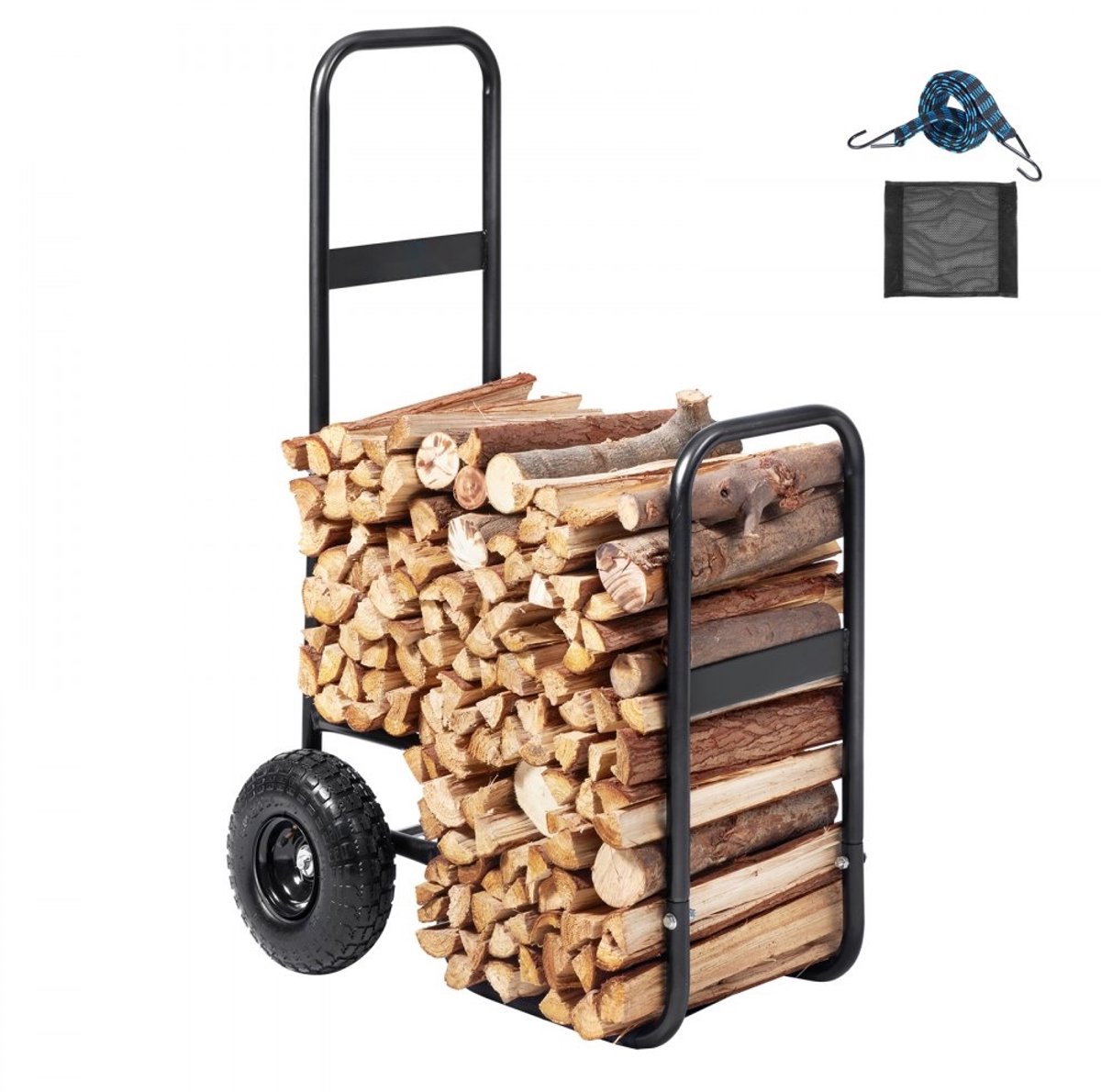 Haardhoutkar - Transportkar/Houtkar - Afmetingen 67x52x110 cm - Gepoedercoat Staal - Rubberen Wielen 26,7 cm - Draagvermogen 113,4 kg - Inclusief Bungeekoord en Grondnet
