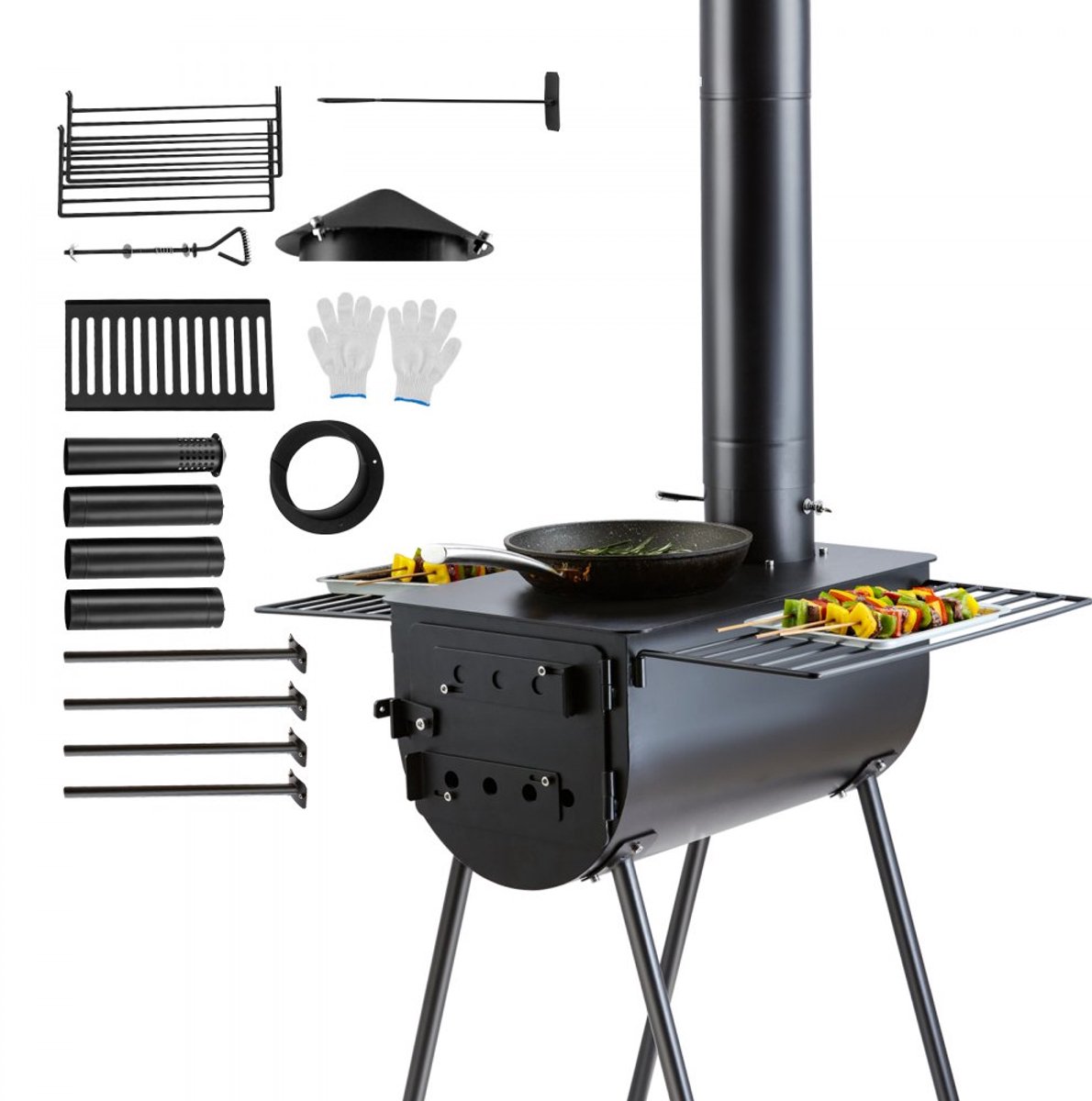 Houtkachel - Tentkachel voor Camping - Draagbaar - Gelegeerd staal - Schoorsteen 300 cm - Set van 8 schoorsteenpijpen - Buiten koken en verwarmen - Inclusief handschoenen