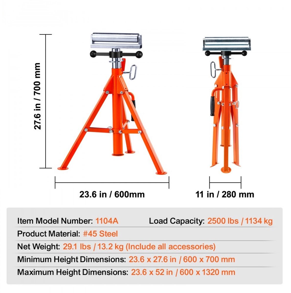 Rolbok - Rolstandaard / Rollensteun - 1134 kg Draagvermogen - Hoogteverstelbaar 70–132 cm - Opvouwbaar - Stalen Constructie - Voor Tafelzaag en Schaafmachine