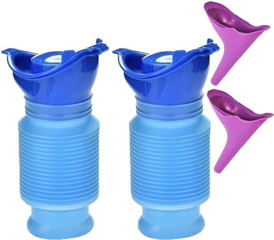 Twee blauwe inklapbare urinoirs met paarse opzetstukken, op een witte achtergrond.