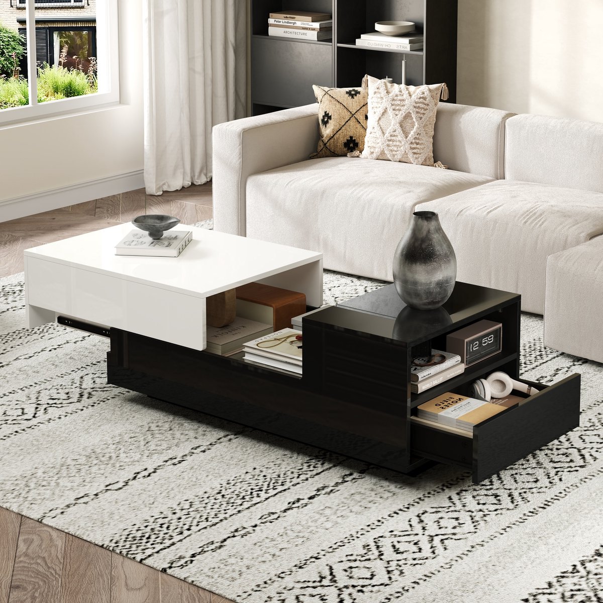 OKWISH Salontafels Koffietafel - Koffietafel Met 2 Lades En Schuifblad - Bijzettafeltjes Woonkamer Met Opbergruimte - 100x50x38 cm - Spaanplaat - Wit、Zwart
