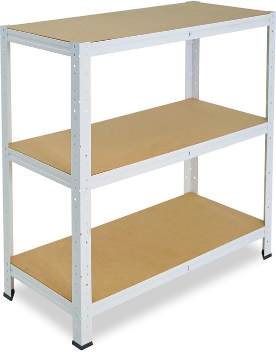 Wit metalen stellingkast met 3 bruine legborden, 115x70x50 cm.