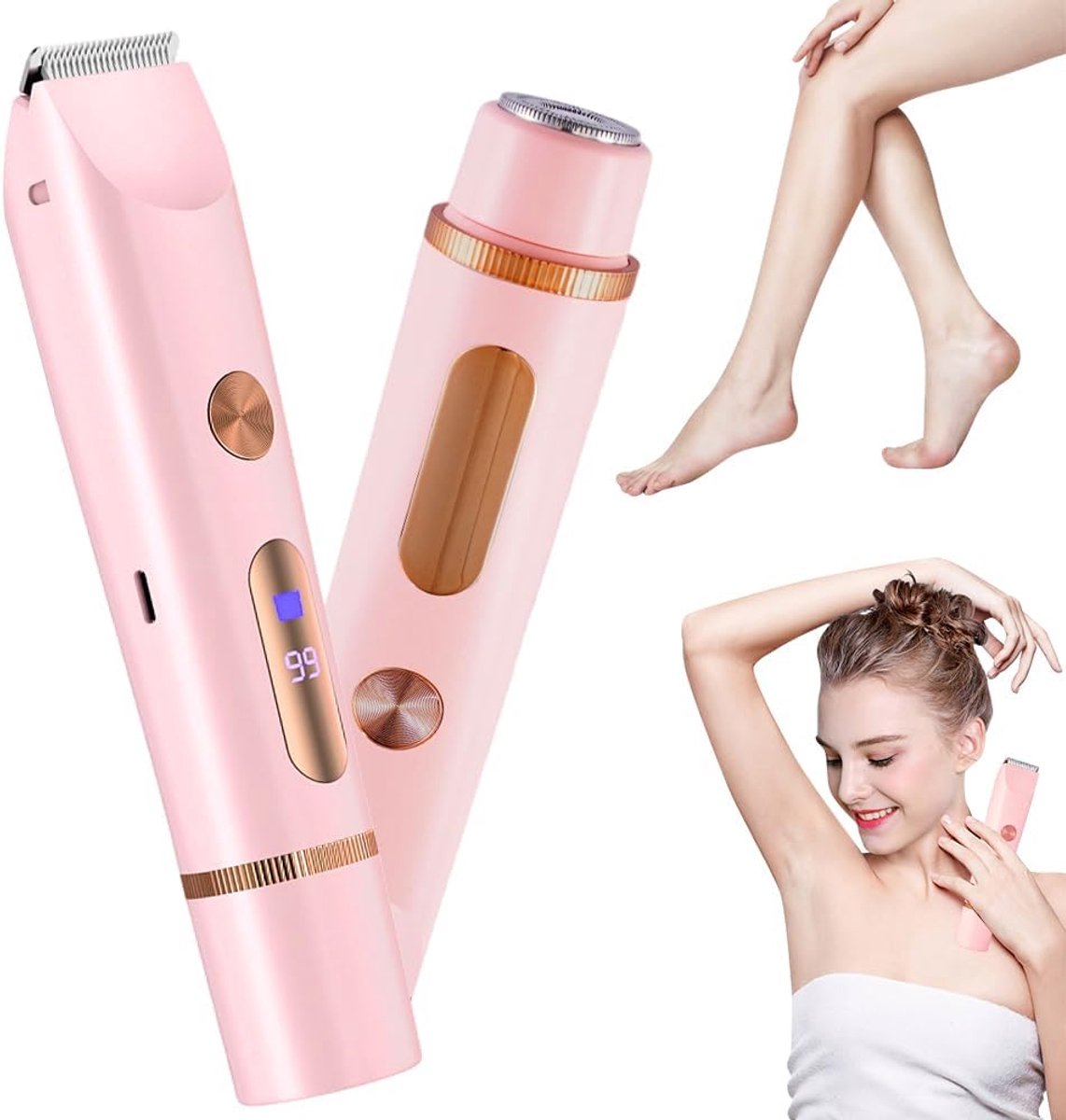 2 In 1 Ladyshave met Display – Elektrisch Scheerapparaat – Waterdichte - Voor Gezicht/Oksels/Benen/Bikinilijn - Scheerapparaat Vrouw – Trimmer Vrouw Intiem – Zachte En Pijnloze Ladyshave – Roze - 1 stuks
