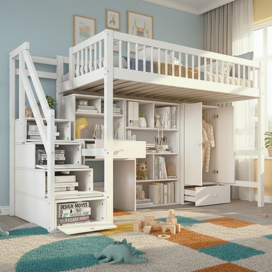 Hoogslaper 90x200 Cm - Met Kledingkast En Bureau - Houten Bedframe Wit Naturel