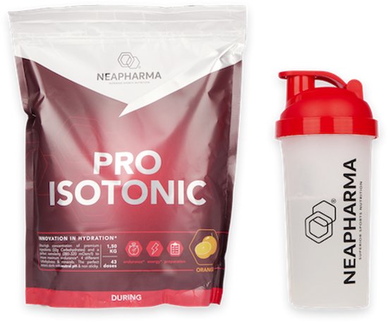 Zak Neapharma Pro Isotonic poeder en een rode Neapharma shaker.