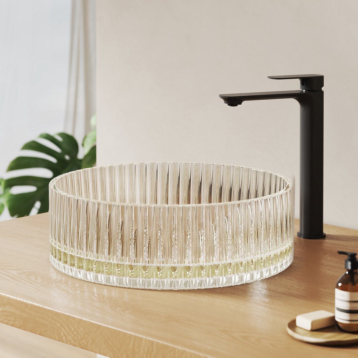 EMKE Glazen Waskom - Met Ribbels - Gehard Kristalglas - Binnen Glad - Modern & Stijlvol - Ø40 cm - Goud
