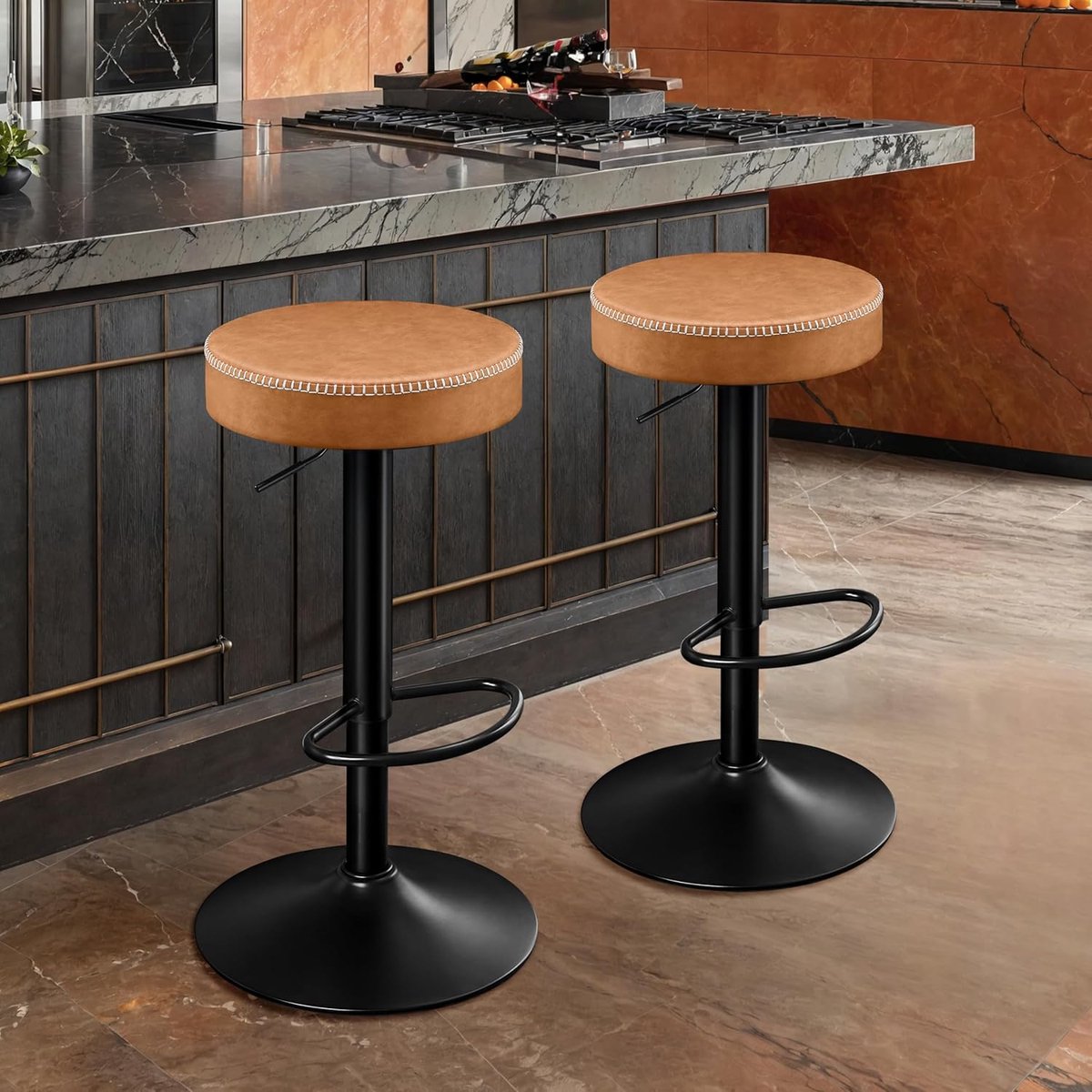 Barkruk set van 2 verstelbare ronde barstoelen 41,5x41,5x85,5 cm – microvezel leer – 360° draaibare keukenkruk zonder rugleuning met voetensteun – industrieel Bruin – Altameubel