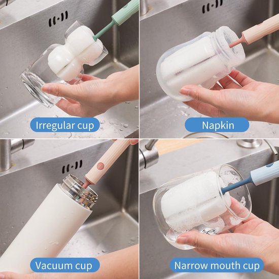 Set van 4 Schoonmaakborstels voor Flessen, Glazen en Bekers - Inclusief Spons en Handvat voor Efficiënte Reiniging van Babyflessen, Thermosflessen en Theepotten — afbeelding 4