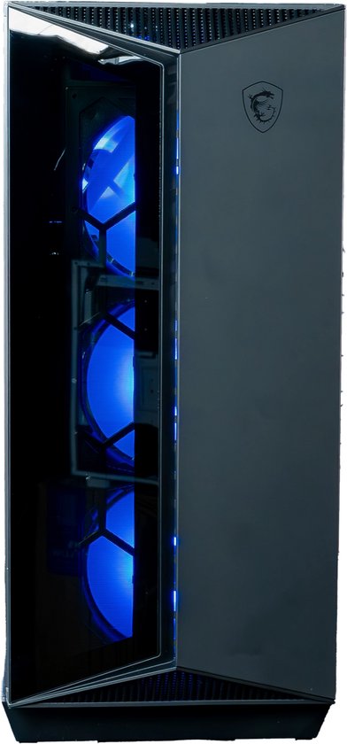 Een hoge zwarte gaming pc met glazen zijpaneel met drie blauw verlichte ventilatoren.