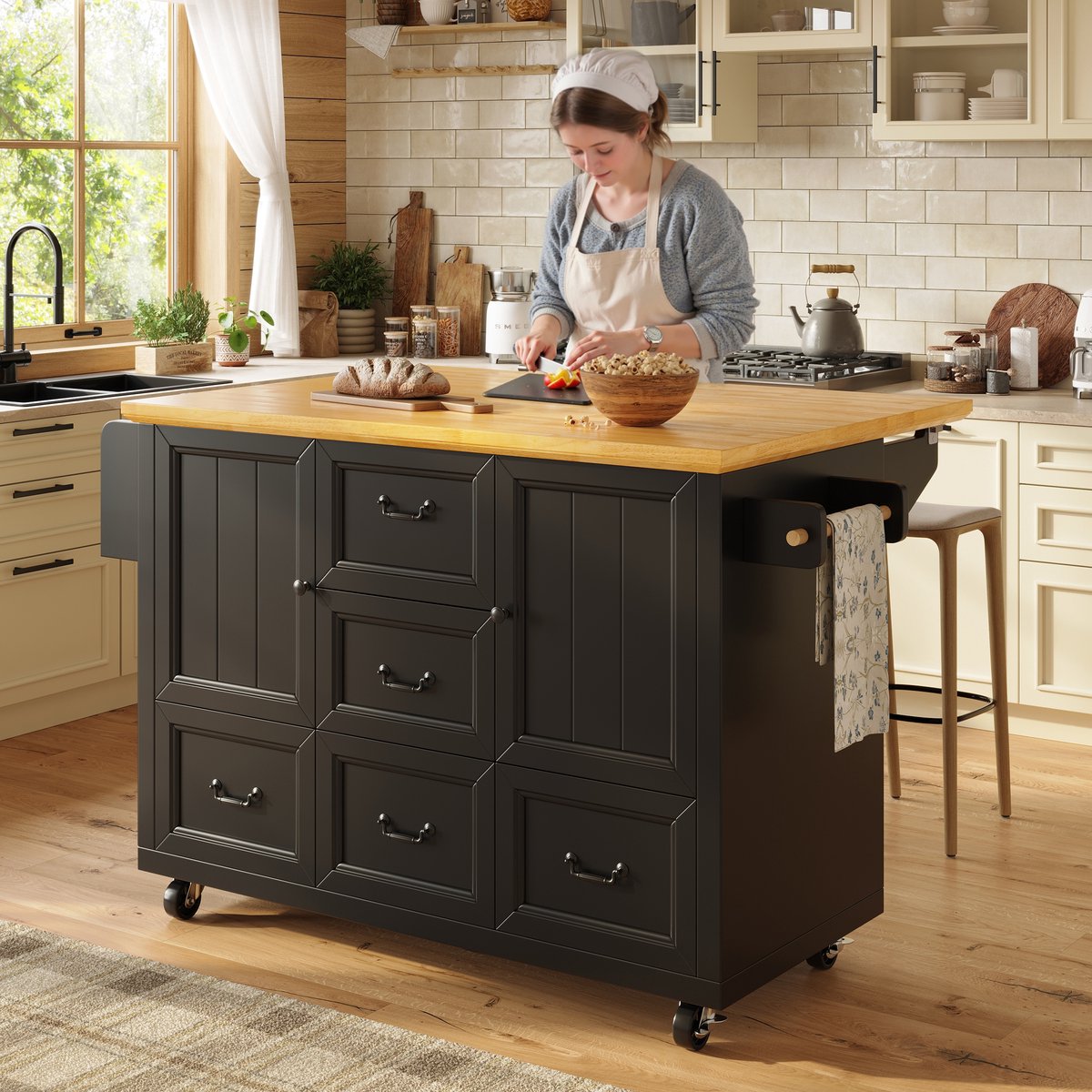 Kookeiland, Kast, Sideboard, 120x73(45)x93 cm, Uitschuifbare keukenkar op wielen met handdoekhouder en kruidenrek, Verstelbare planken, twee deuren, vijf lades, wit/zwart