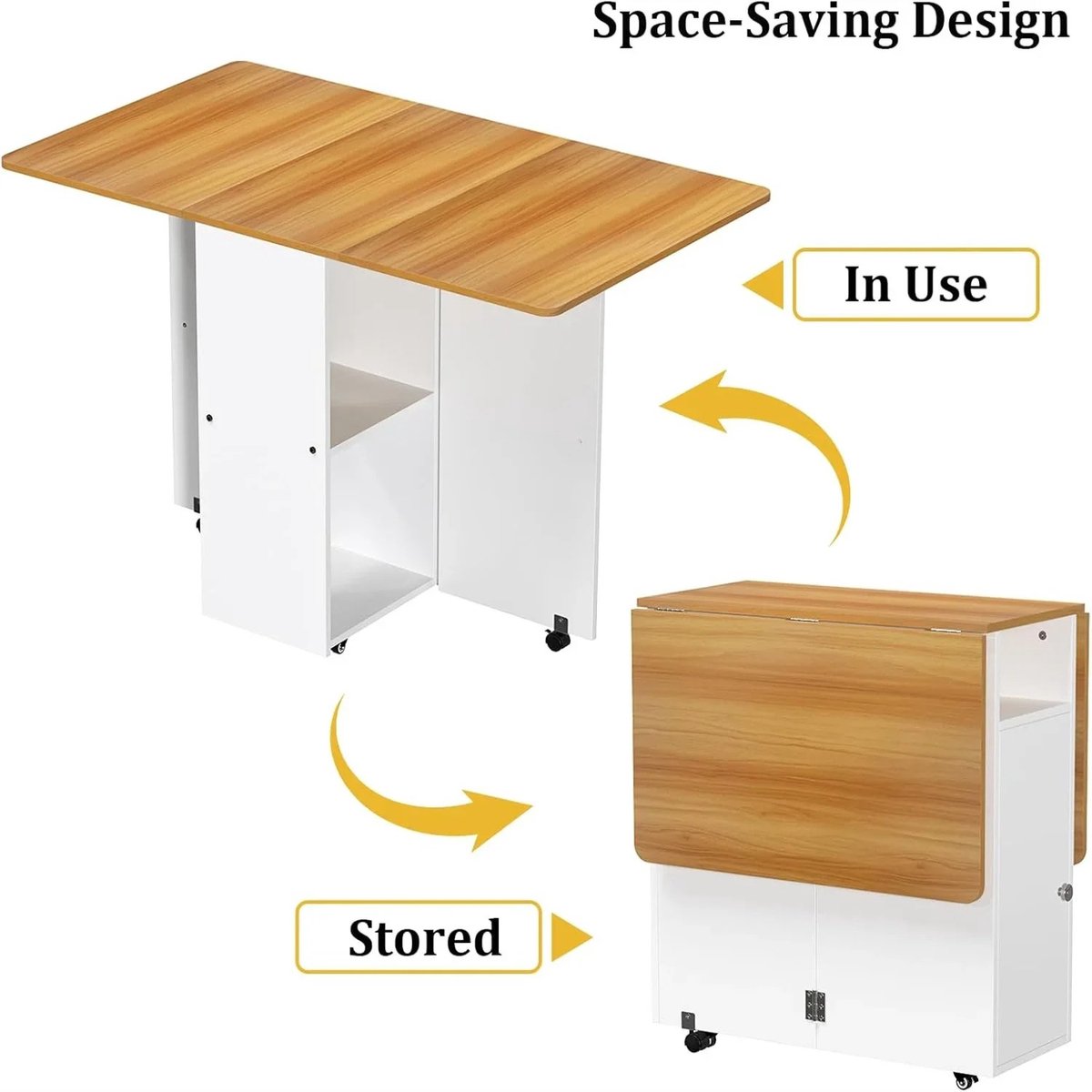 Klaptafel - Inklapbare Tafel Voor Keuken/Woonkamer/Kleine ruimte - Met Wielen - Wit/Hout - 120 cm x 70 cm x 75 cm