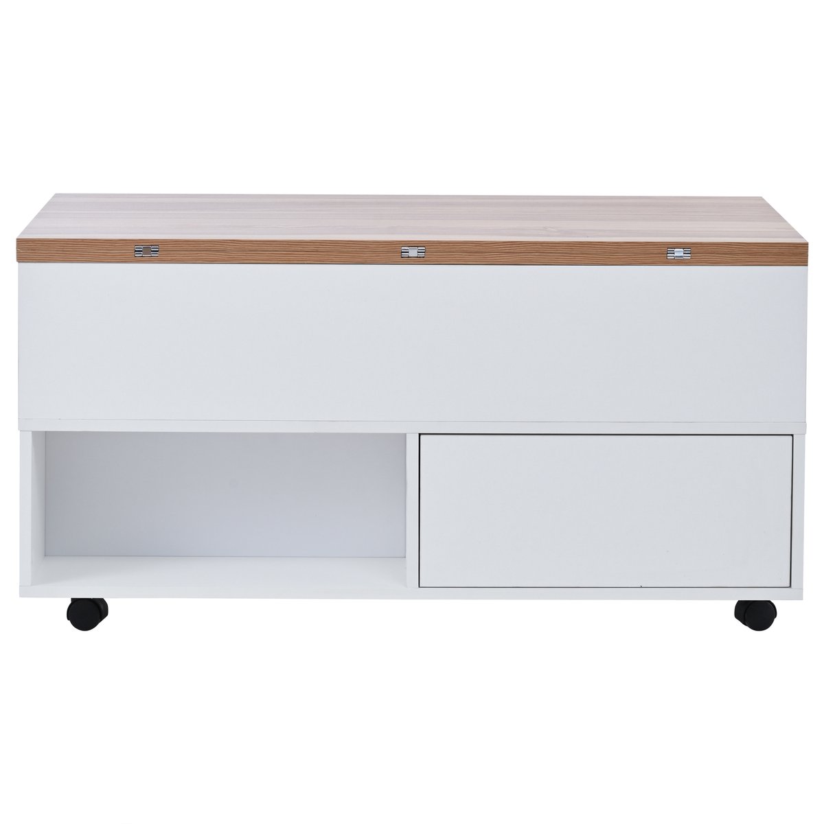 MODFU Witte en houtkleurige salontafel 100x50x52 cm met wielen, verstelbare hoogte, hefblad, 4 lades en opbergruimte, multifunctioneel