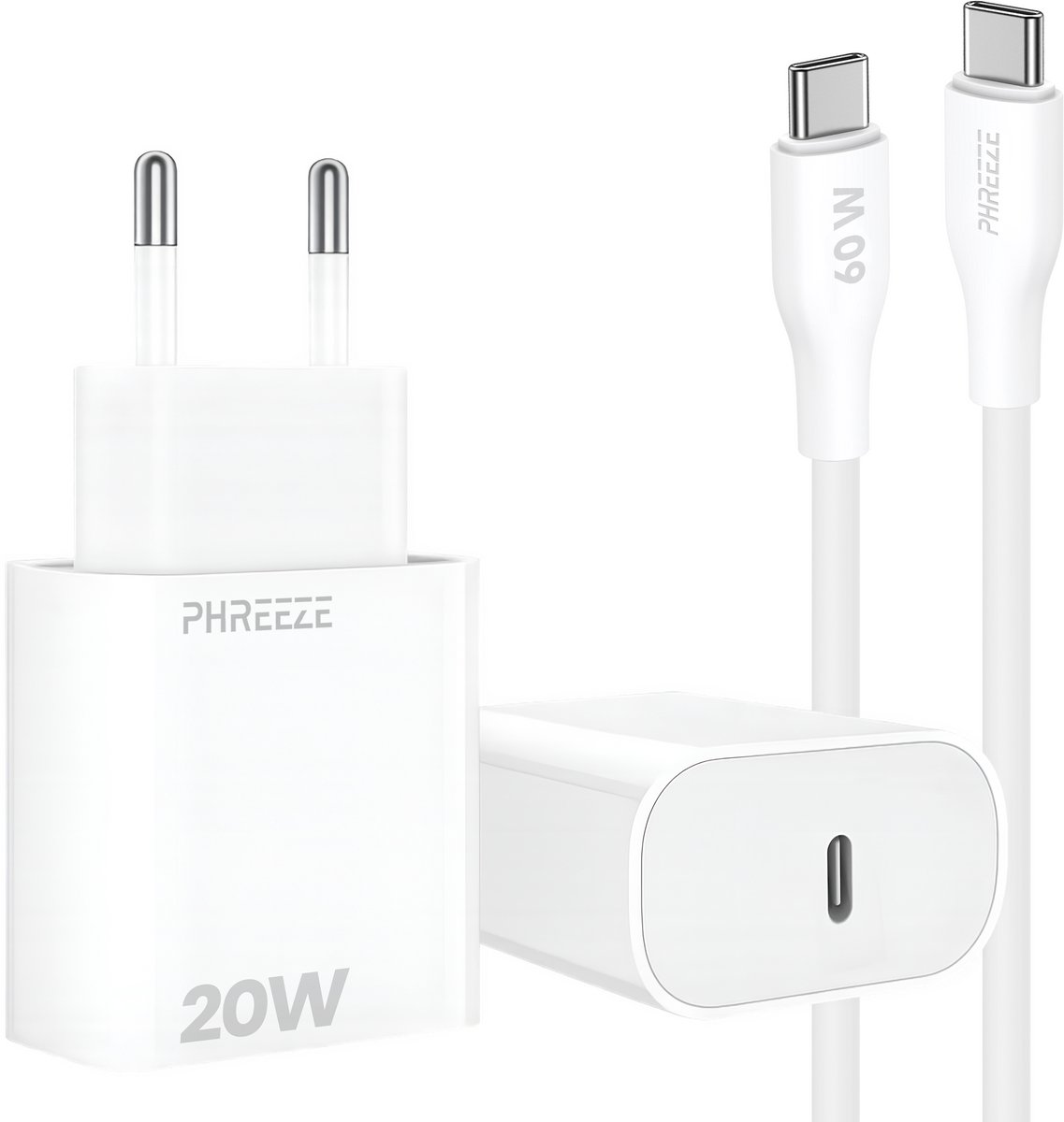 Phreeze 20w usb C adapter set - Oplader met usb C naar usb C kabel 1 meter - Wit